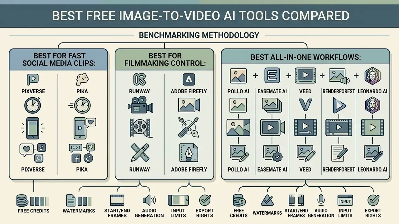 Categorized summary of top image to video AI tools grouped by their primary use cases and features
