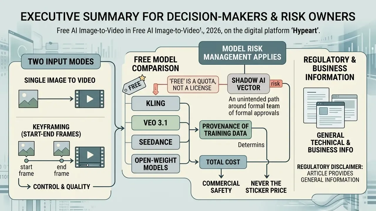 Infographic showing input modes, model risks, and cost factors for free AI image to video generation