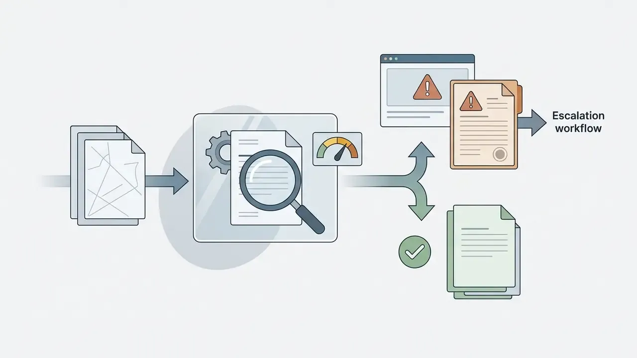 Scanned documents analyzed by a gear system and magnifying glass to sort into flagged or approved queues