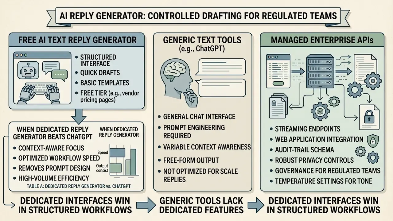 Comparison infographic contrasting dedicated reply generators with generic chat tools and enterprise APIs