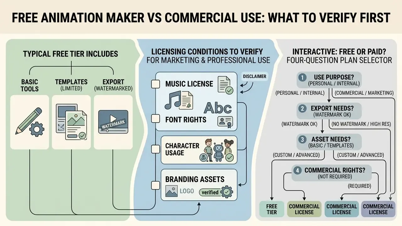Three-part infographic detailing free software features, licensing requirements, and a plan selector flow
