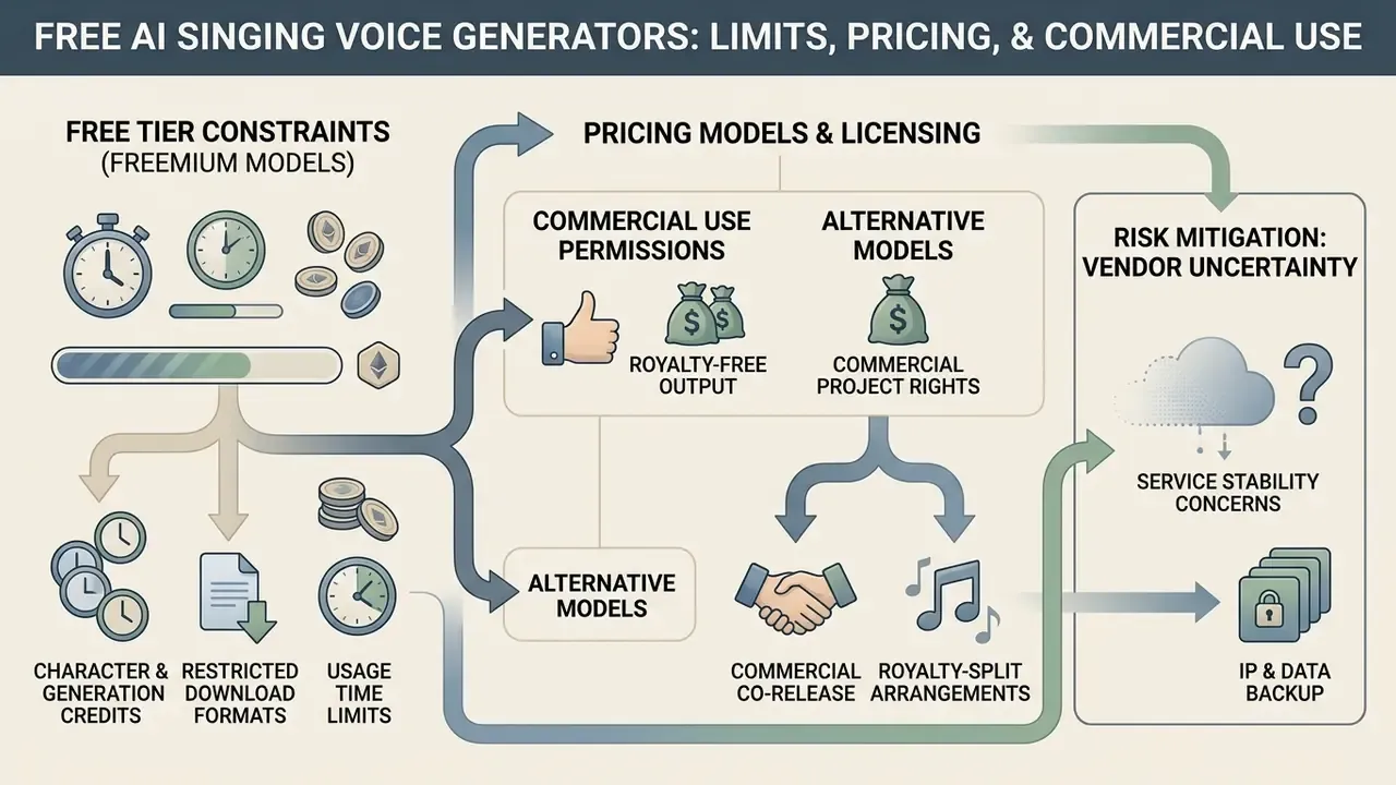 Flowchart mapping free AI singing voice generator constraints to licensing and risk mitigation strategies