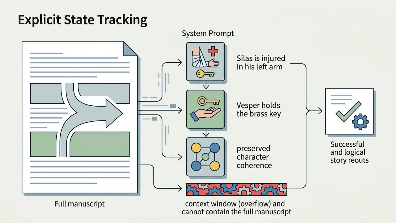 Manuscript inputs feeding into system prompt icons to maintain character coherence despite context limits