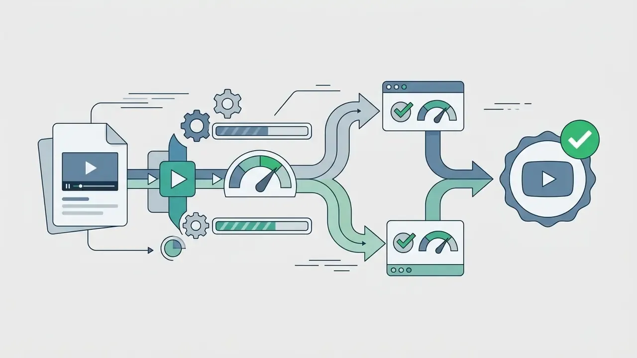Flowchart showing video file processing through gears and speed gauges toward a verified platform icon