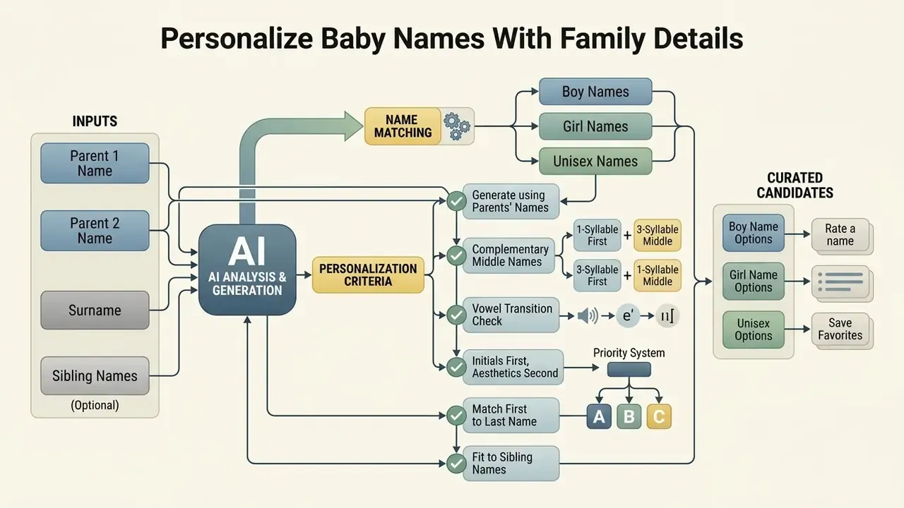 Flowchart showing how family inputs are processed by AI to generate personalized baby name candidates
