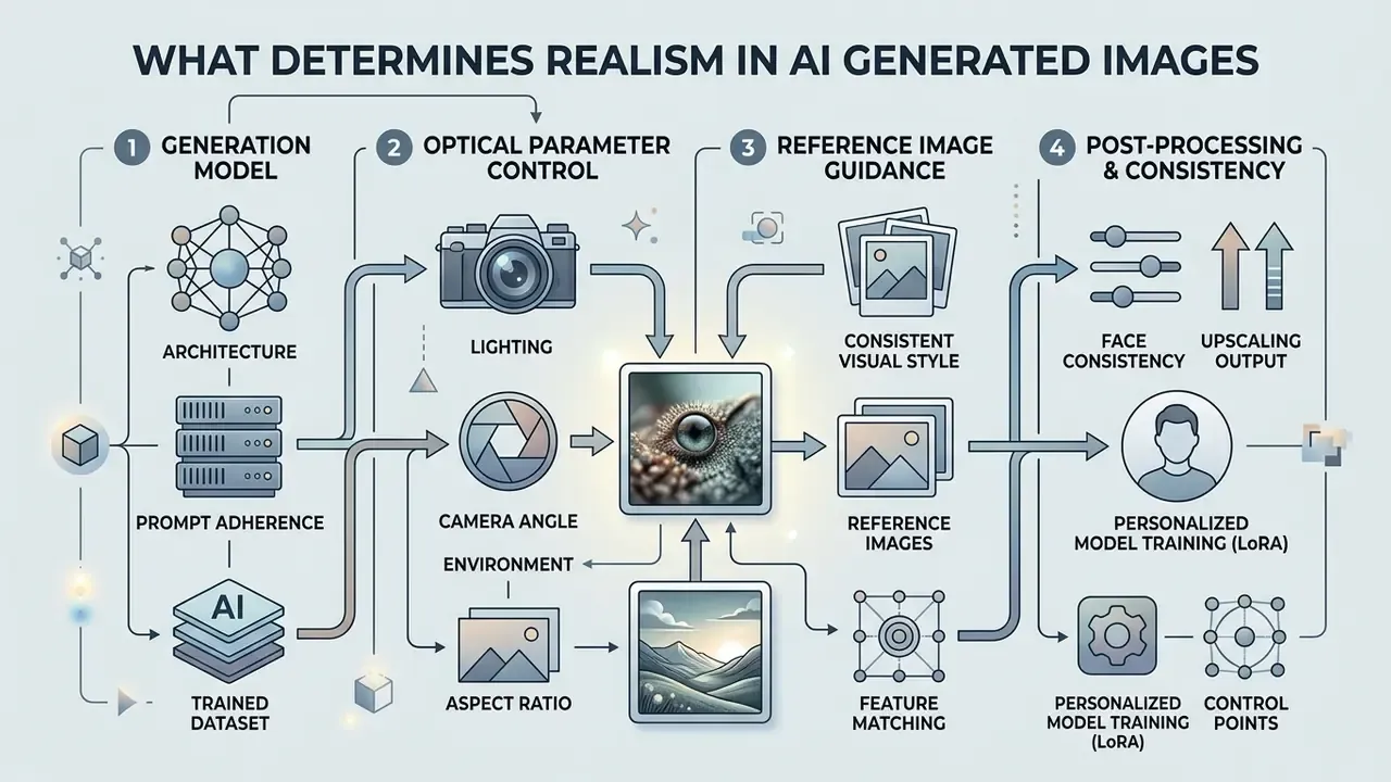 Flowchart detailing four key factors for achieving realism in a photorealistic AI image generator
