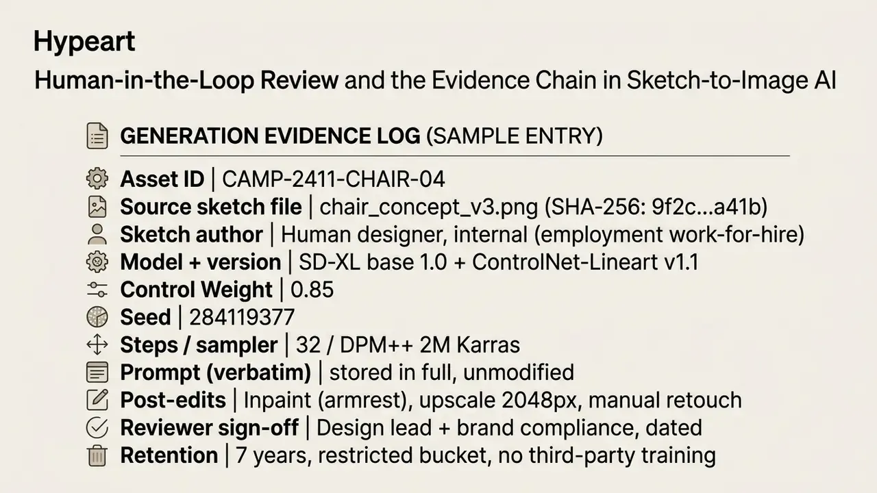 Detailed generation evidence log listing technical parameters and review status for a sketch to image AI asset