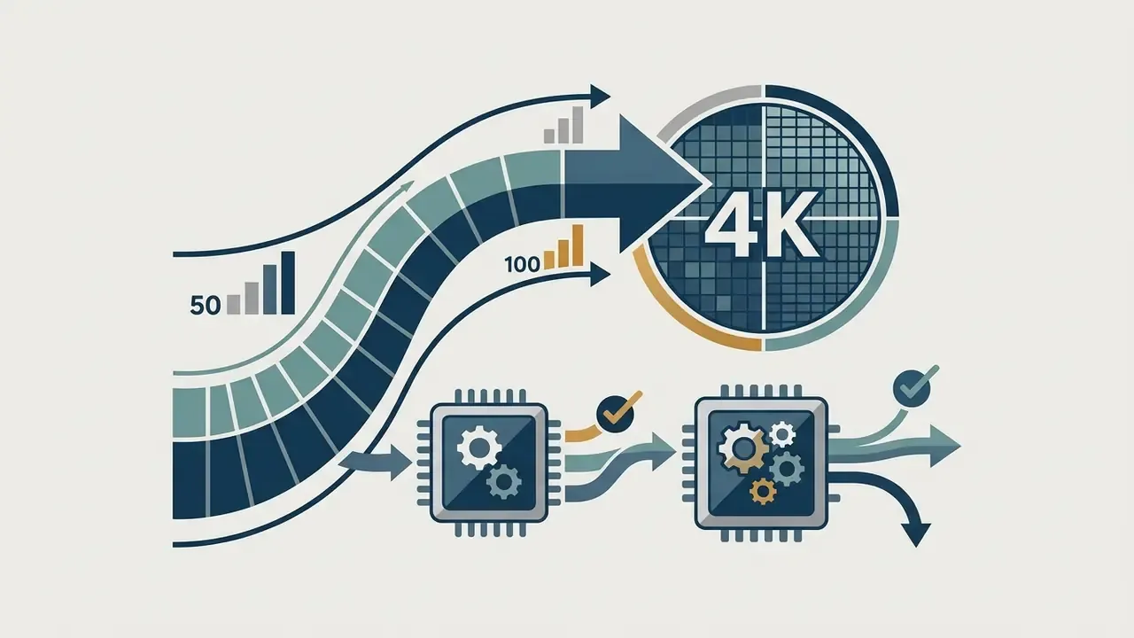 Curved arrow moving through data bars toward a 4K target while processors with gears refine the output