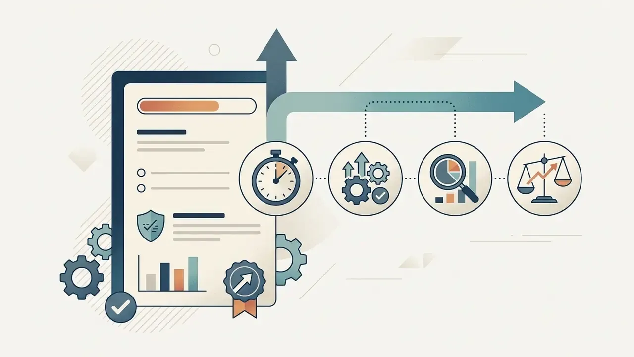 Document with icons for time, process optimization, data analysis, and salary balance for remote video editor jobs