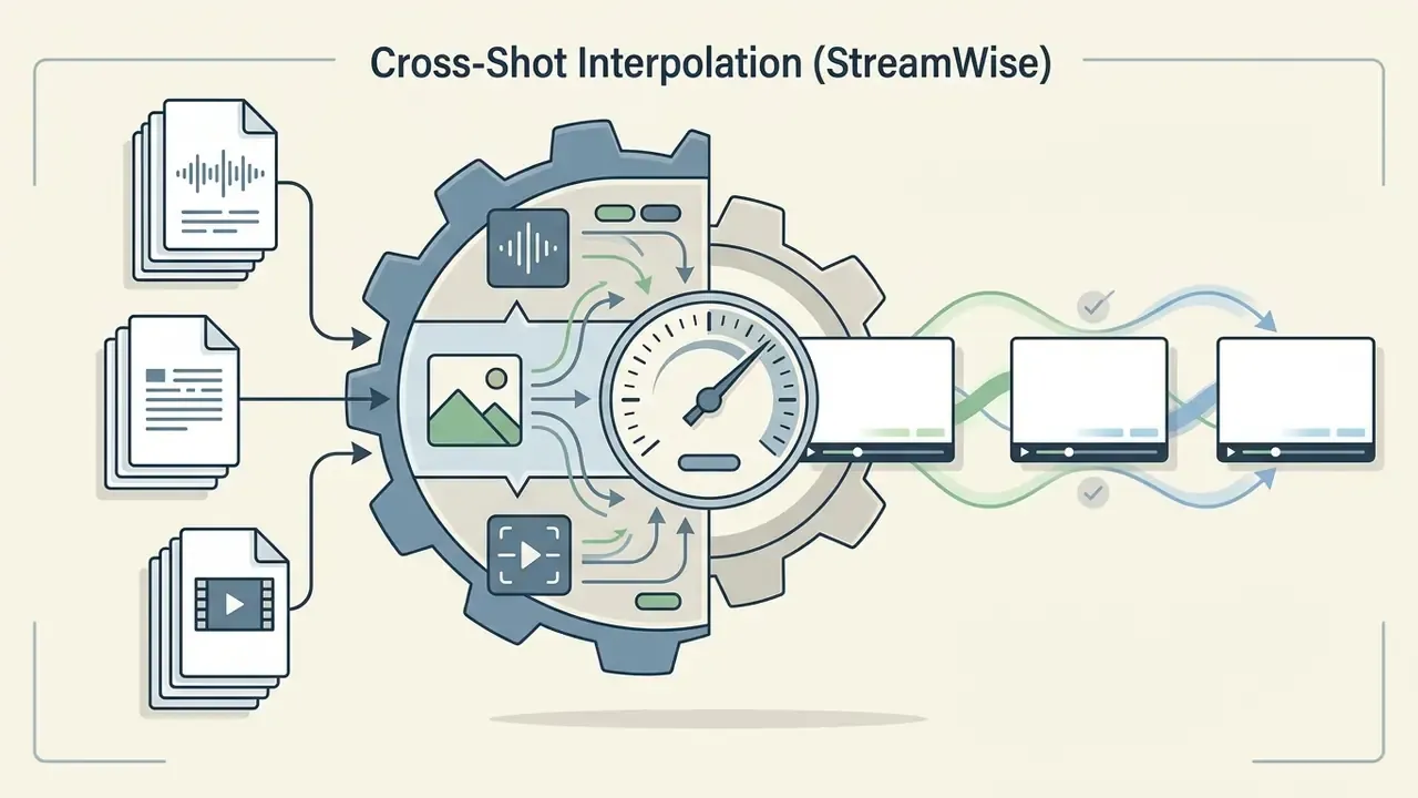 Gear mechanism processing audio, image, and video files into synchronized clips with smooth transitions