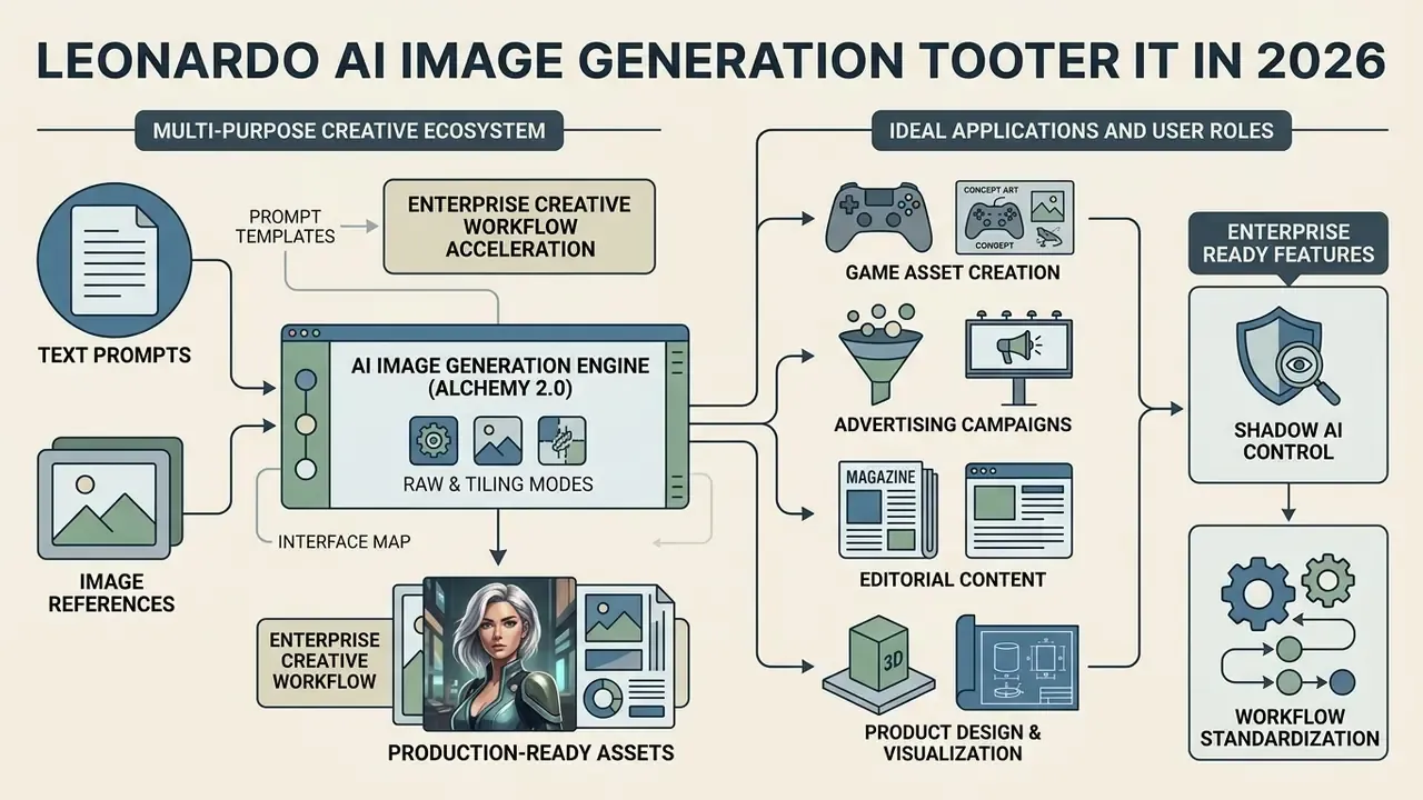 Infographic showing how Leonardo AI transforms text and image inputs into creative assets and workflows