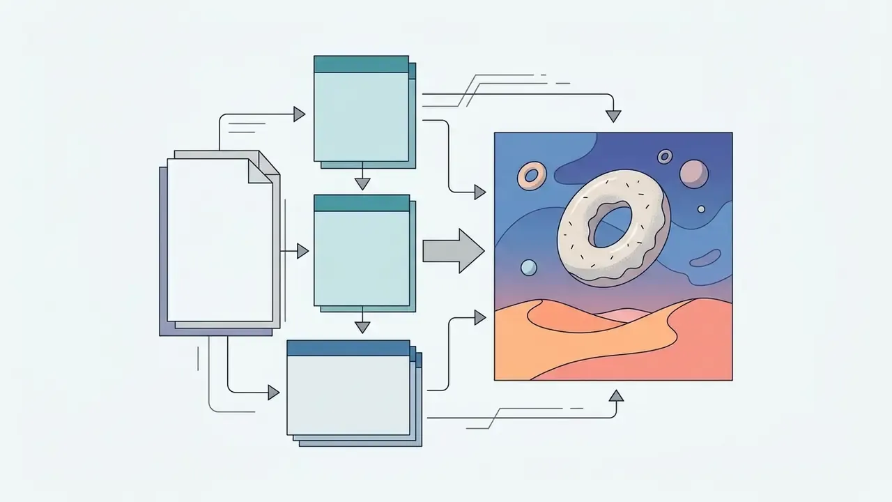 Paper document and data blocks feeding into a surreal scene of giant donuts floating over a desert