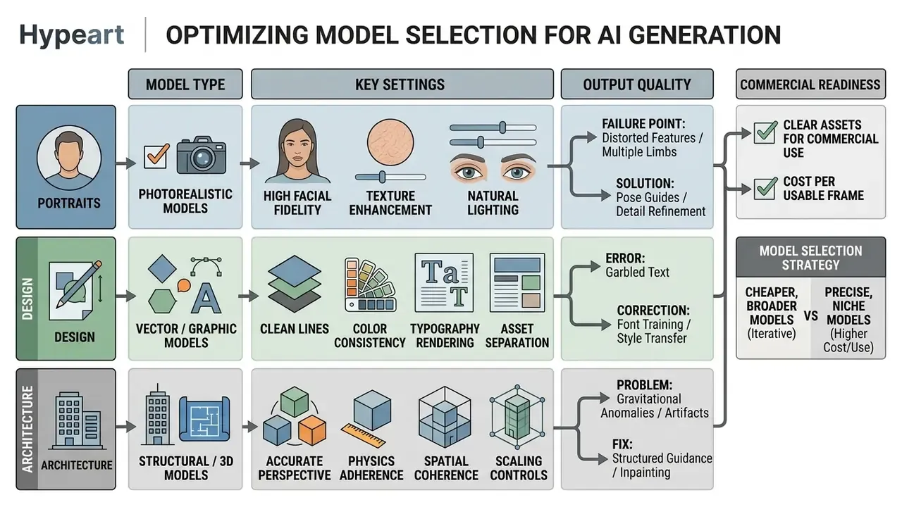 Matrix comparing AI model types, settings, and common failure points across portraits, design, and architecture