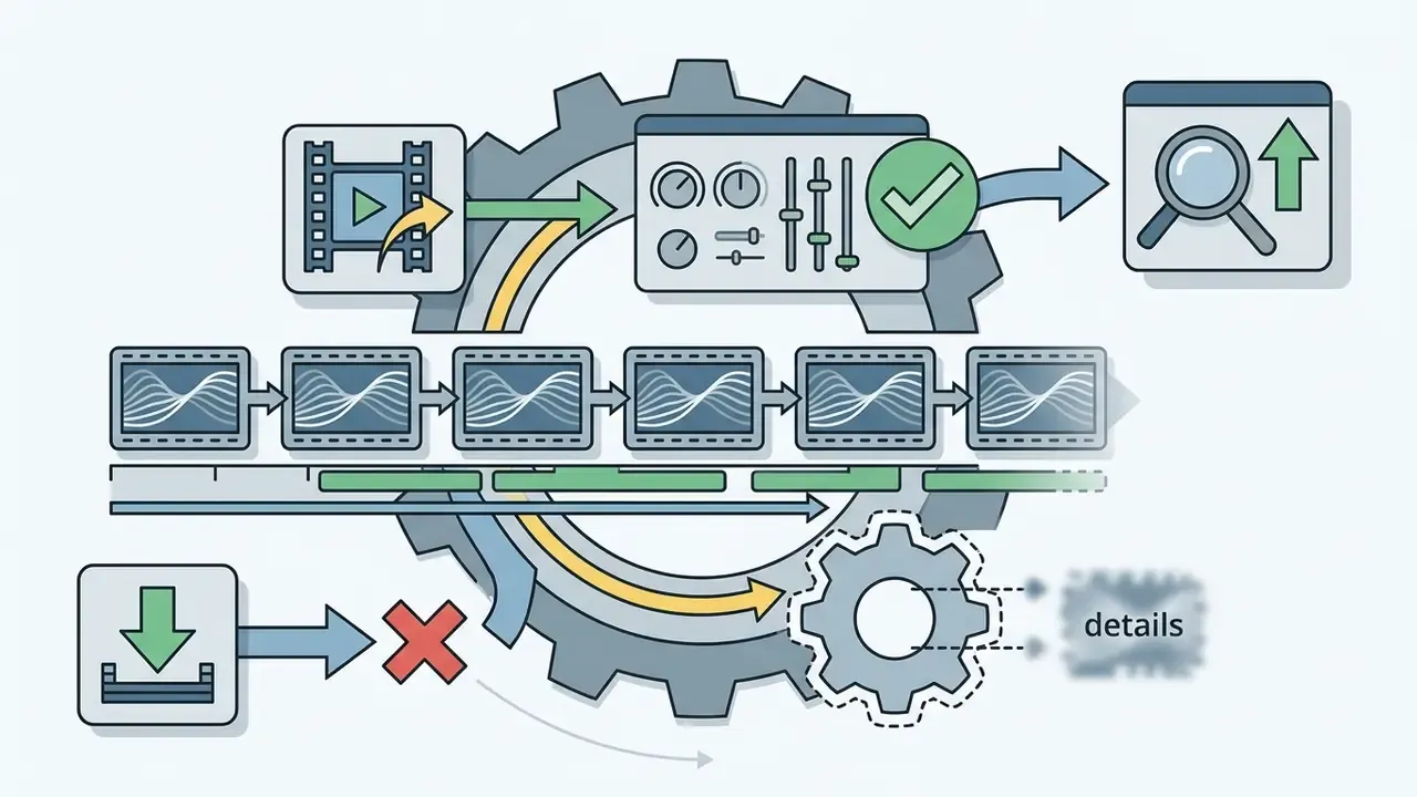 Gear mechanism showing video processing steps that separate standard editing from external upscaling tools
