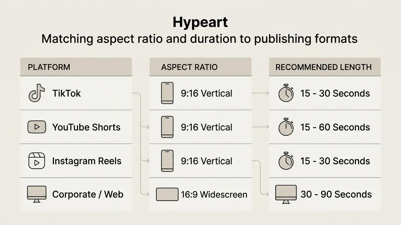 Table mapping social media platforms to their ideal aspect ratios and recommended video durations