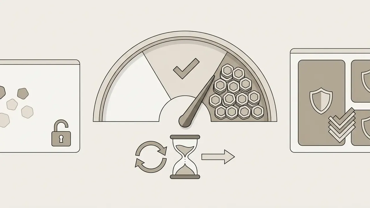 A gauge with a needle pointing to a section filled with hexagonal icons next to a timer and shield symbols