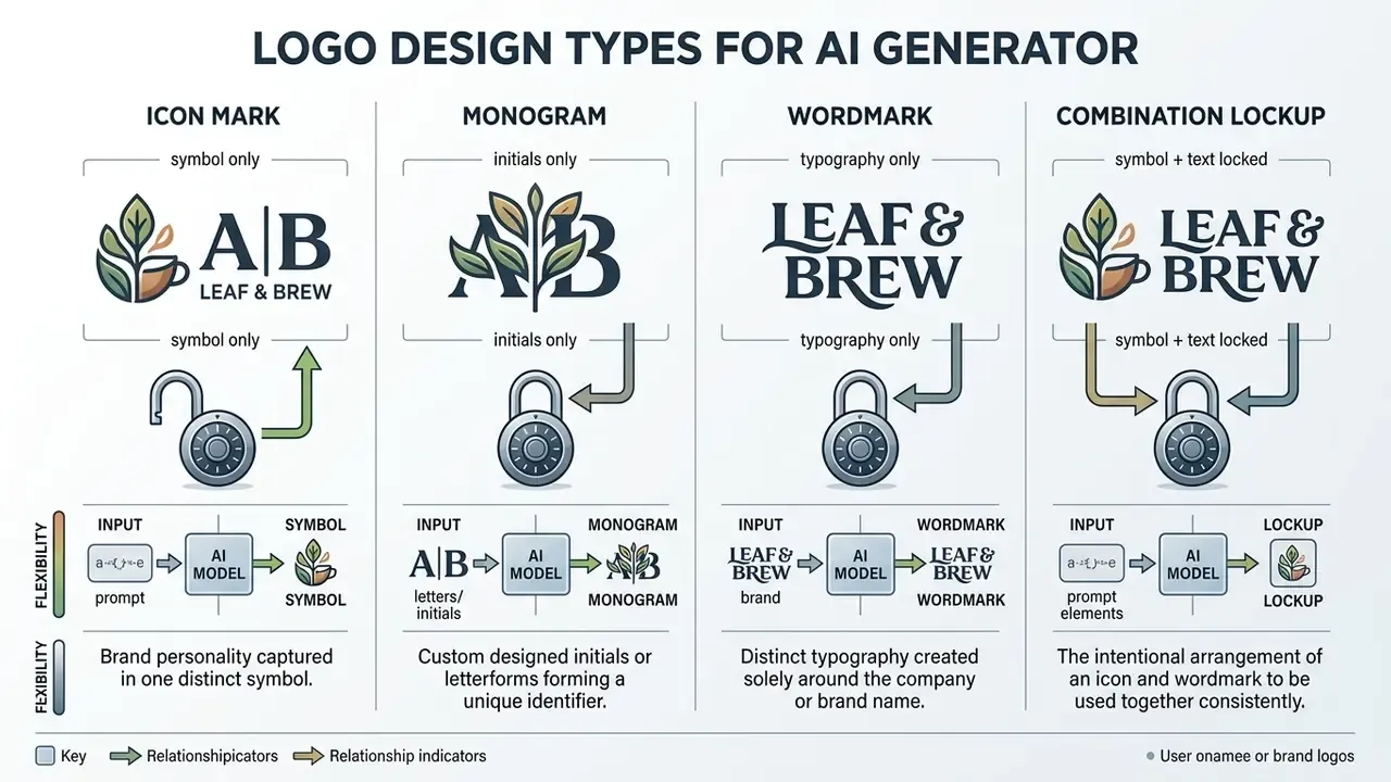 Infographic showing four logo design types for an AI company logo generator including icon and wordmark