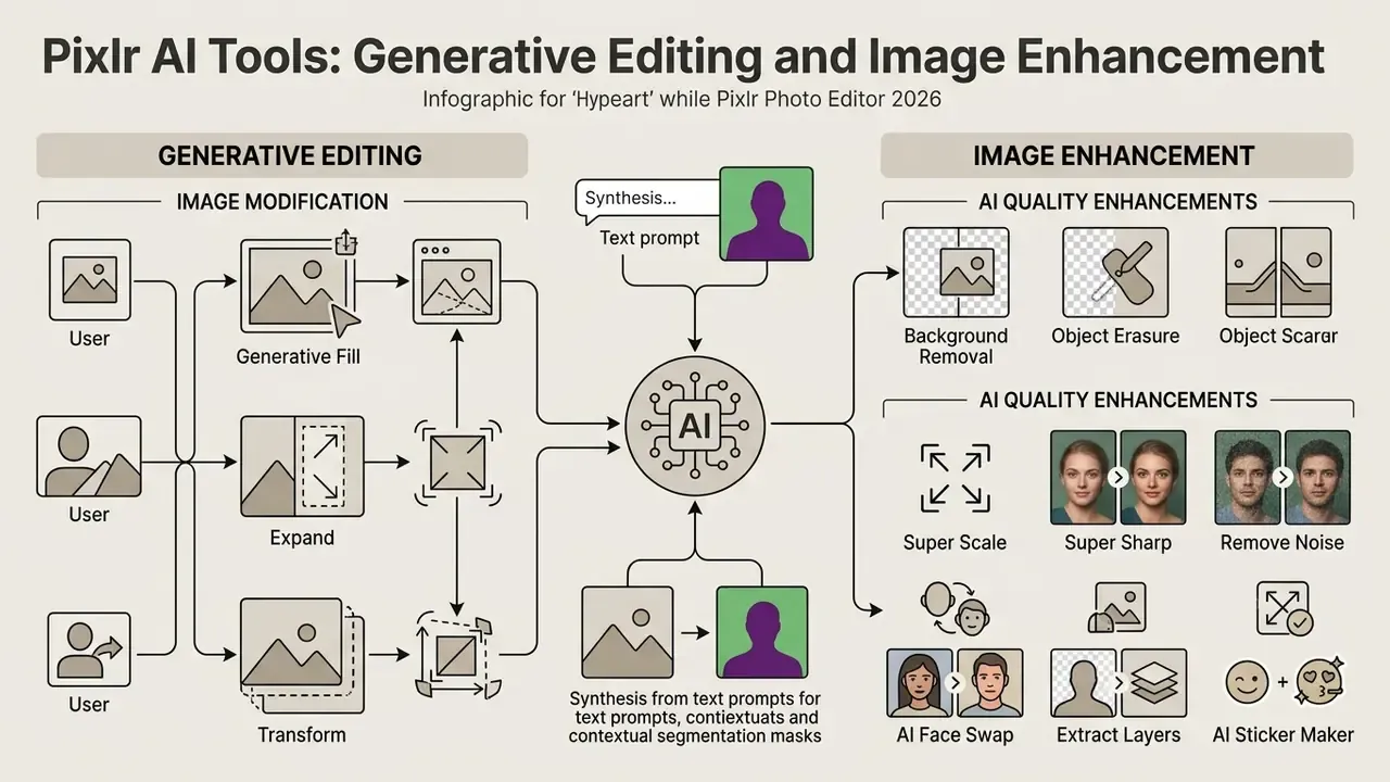 Visual breakdown of generative editing and image enhancement workflows powered by central AI processing