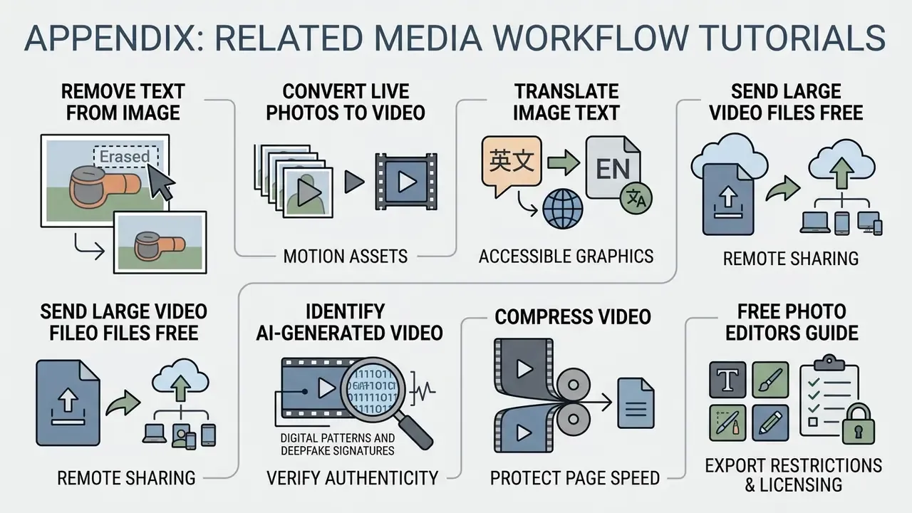 Icons and steps for editing media assets like text removal, video conversion, and file sharing