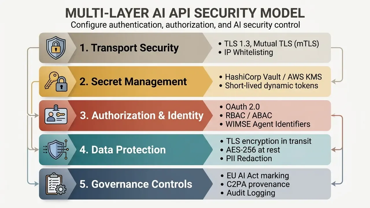 Five horizontal colored bars detailing layers of AI API security including transport and data protection
