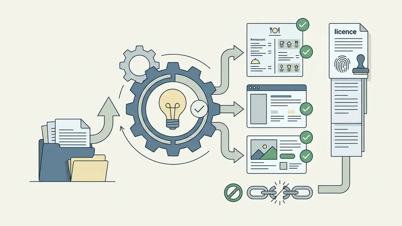 Documents feeding into a gear engine to produce menus and ads with a stamped licence trail