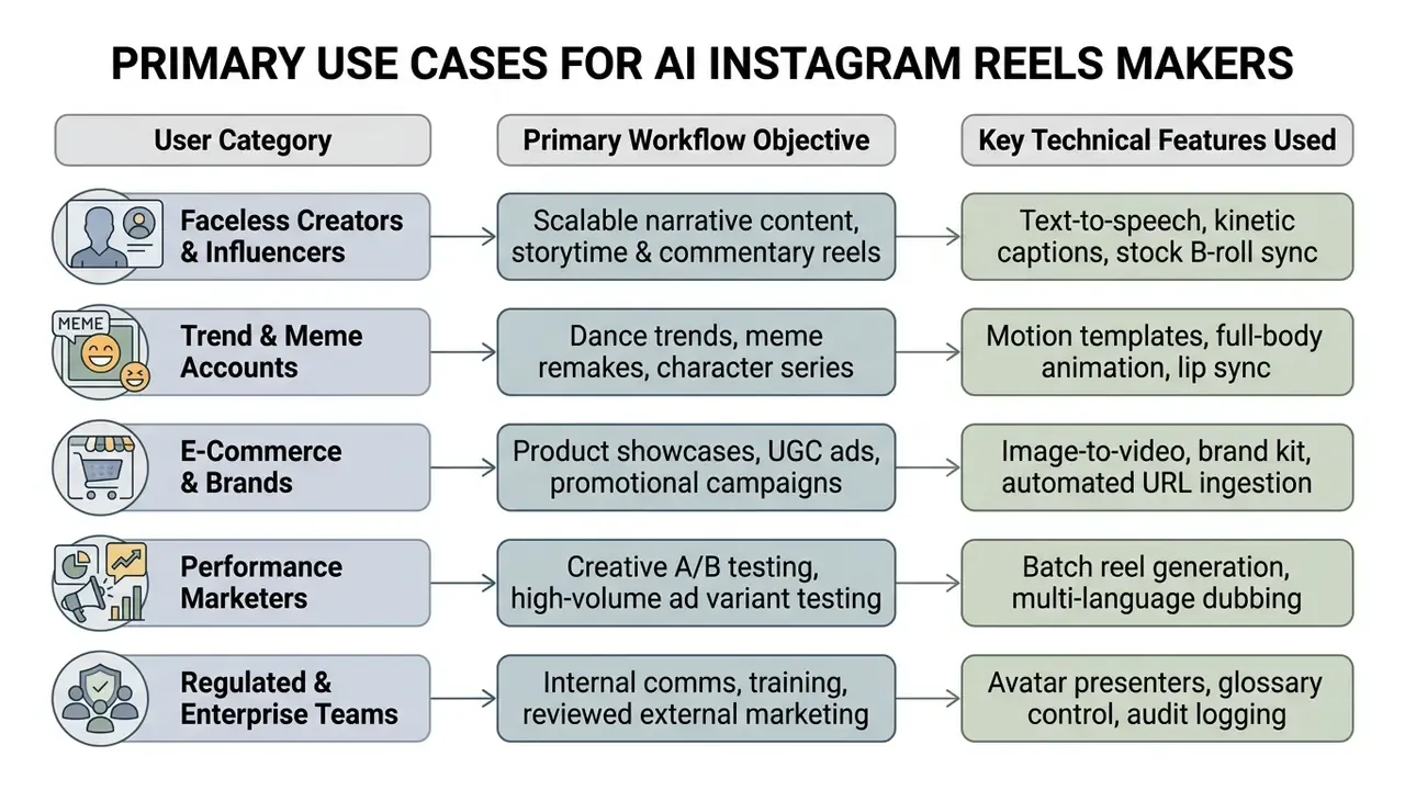 Table mapping user categories to workflow objectives and technical features for video content creation