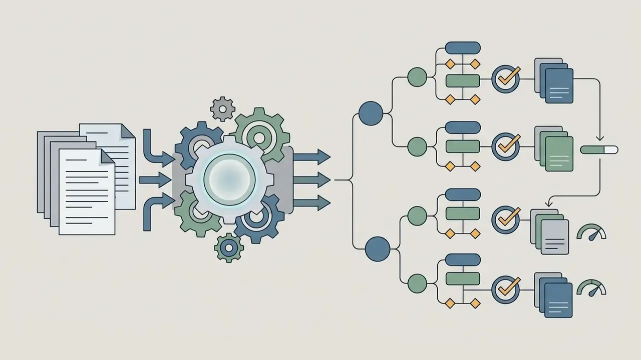 Text documents feeding into a gear mechanism to generate structured hierarchical study frameworks