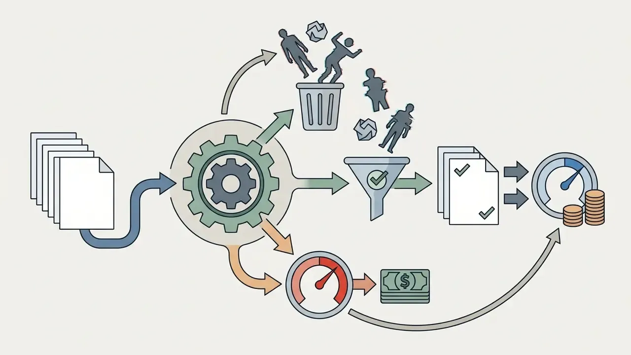 Process flow showing document inputs being filtered, discarded, and calculated for cost efficiency
