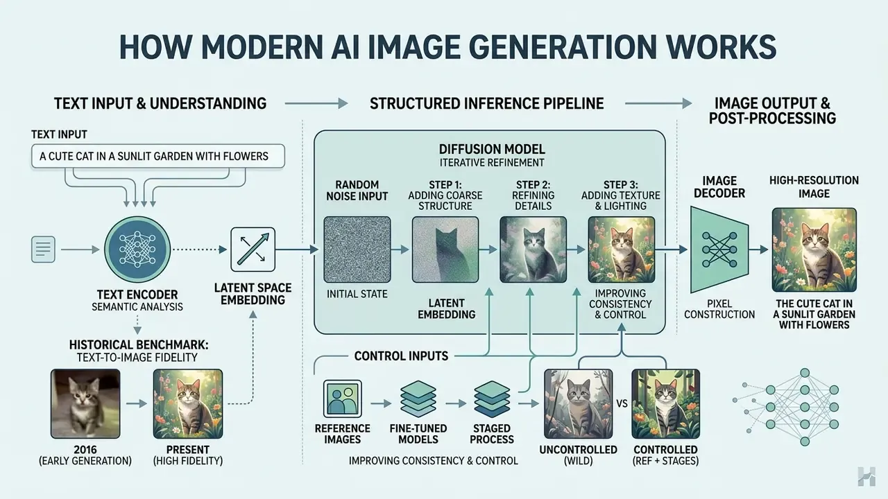 Diagram illustrating the text-to-image pipeline from prompt encoding to iterative diffusion and decoding