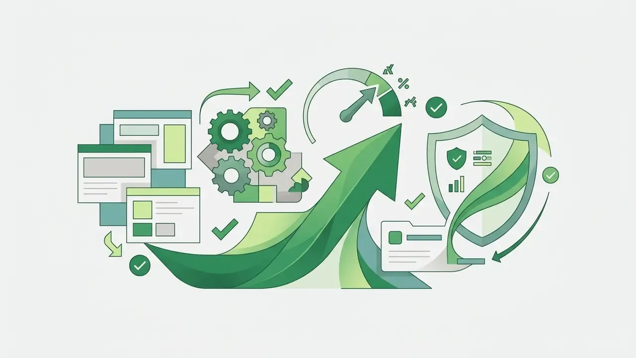 Green icons of gears, a speedometer, and a shield representing growth and sustainability in logo design