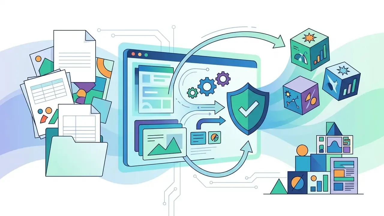 Documents and media being processed through a central interface to create organized assets and slide layouts