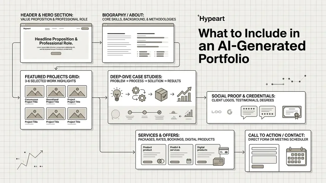 Layout showing essential sections for an AI portfolio generator including case studies and contact forms