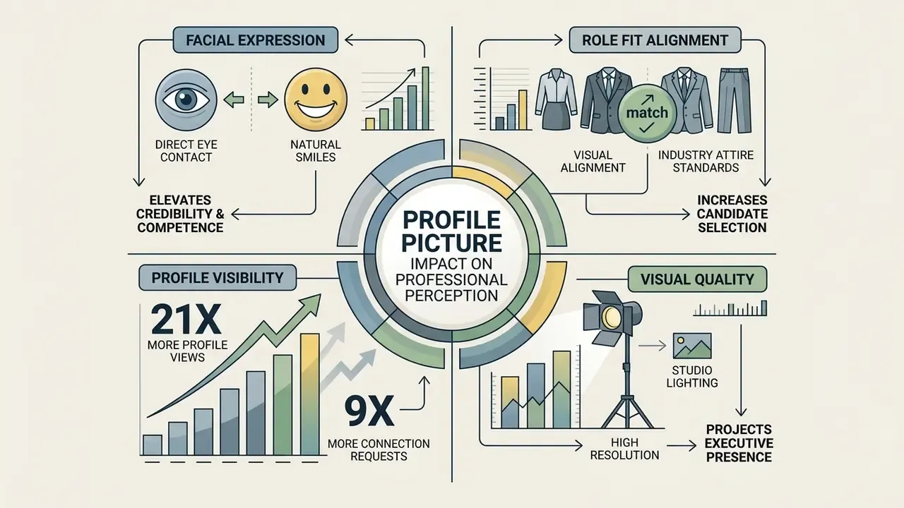 Infographic detailing how facial expressions, attire, visibility, and photo quality affect professional perception