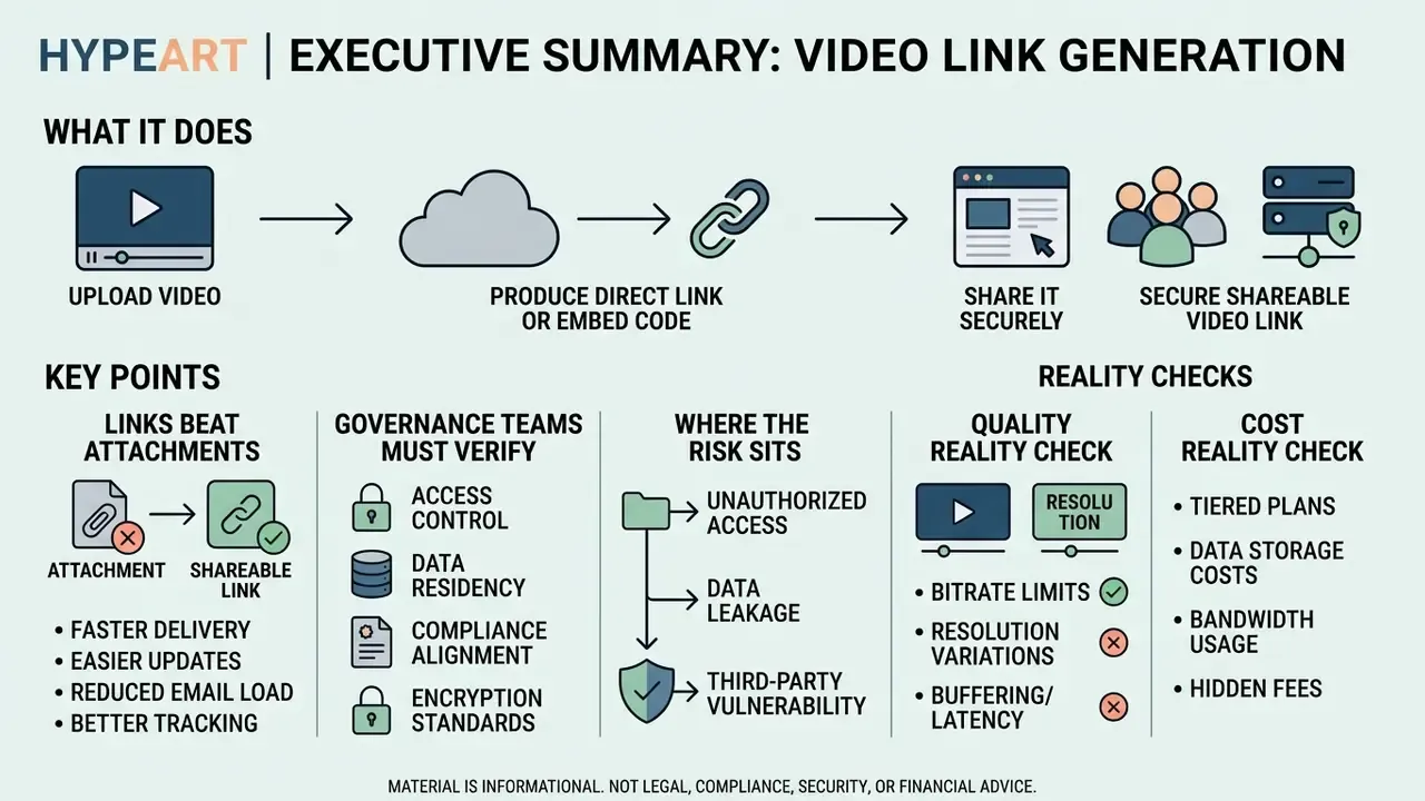 Infographic showing the process of video link generation alongside key governance, risk, and cost considerations