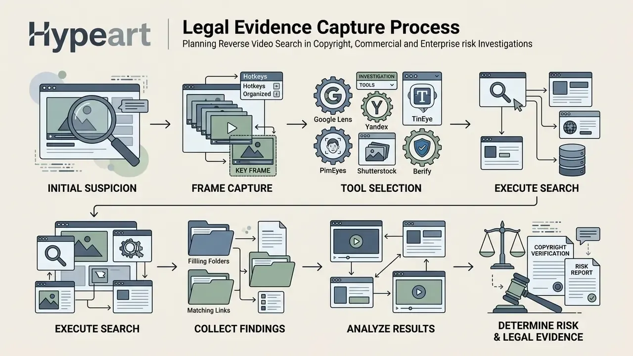 Sequential steps for collecting legal evidence including frame capture, tool selection, and risk analysis