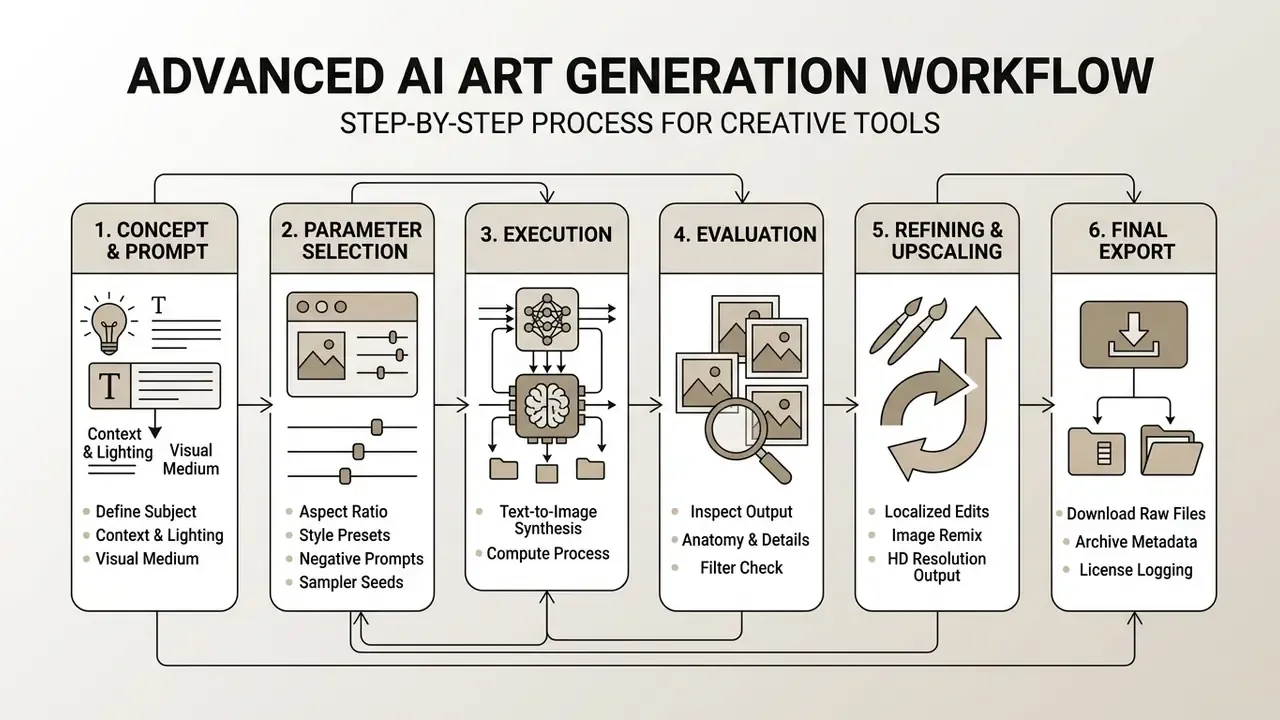 Six-stage linear flowchart detailing the technical workflow for generating and refining AI art