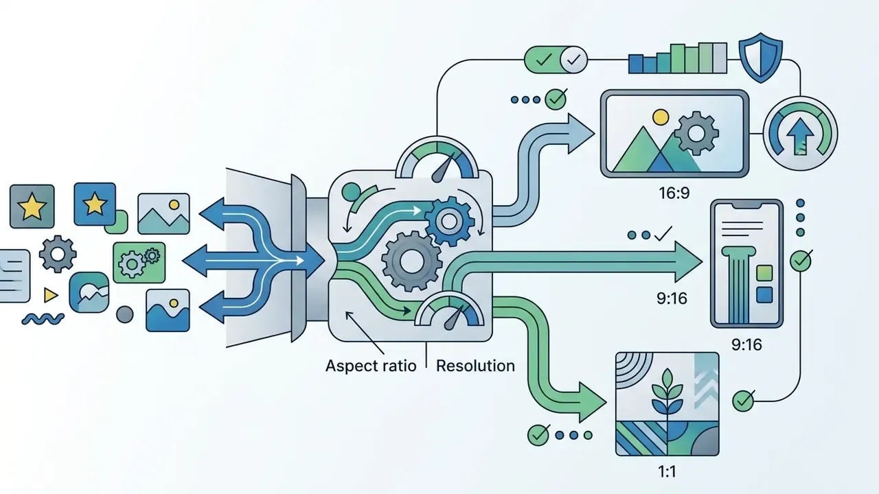 Central processor converting various assets into widescreen, vertical, and square video formats