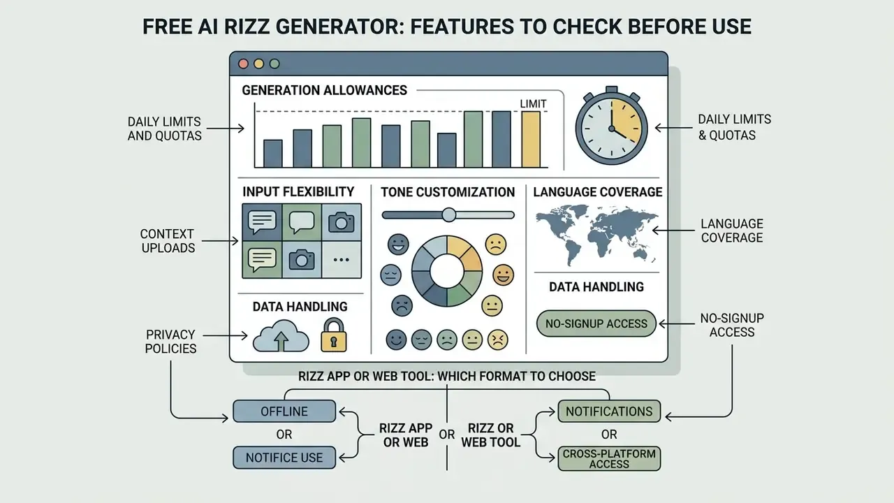 Infographic displaying key evaluation metrics like generation limits, input flexibility, and data privacy