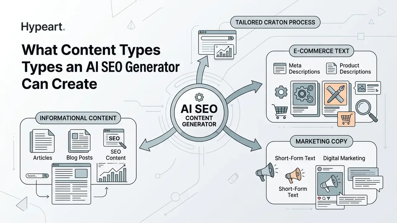 Central hub branching into categories for informational content, e-commerce text, and marketing copy