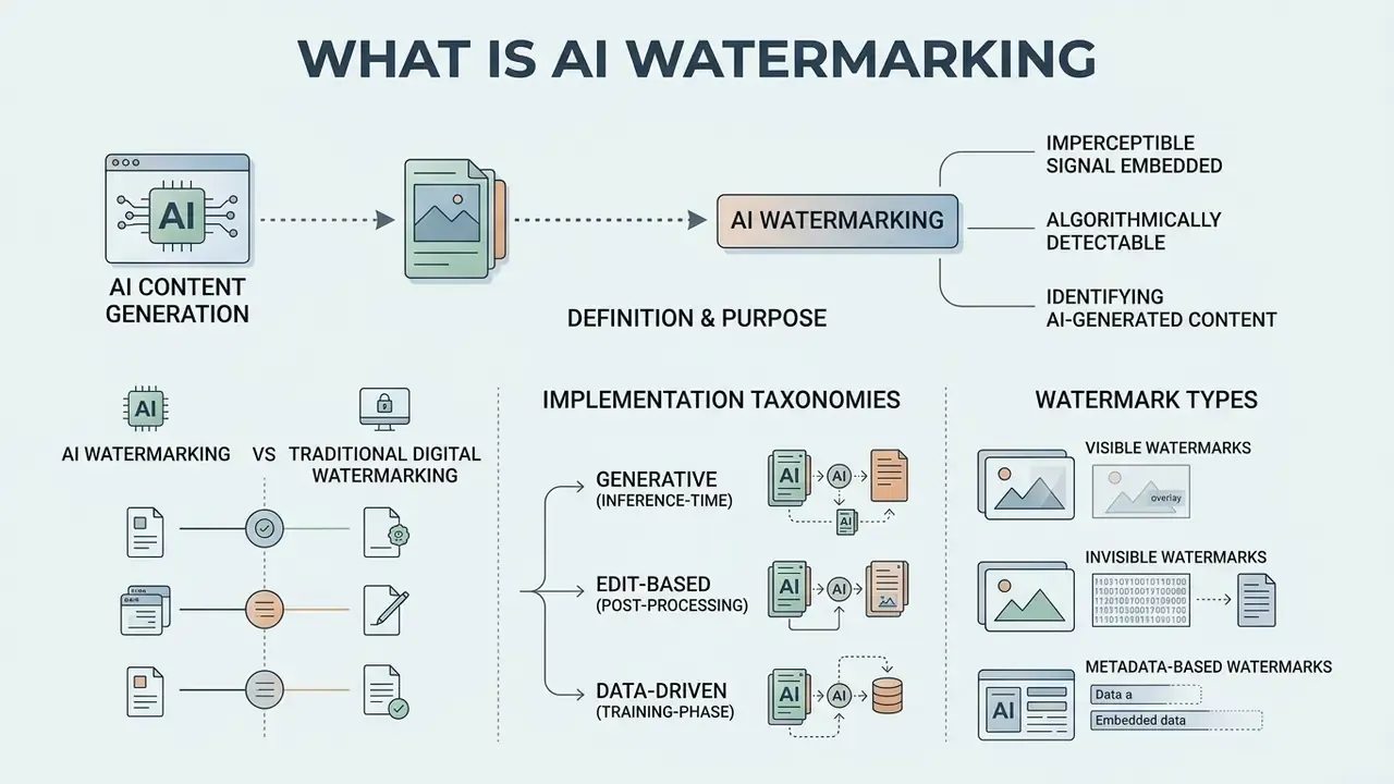 Infographic showing how AI watermarking embeds detectable signals into content through various taxonomies
