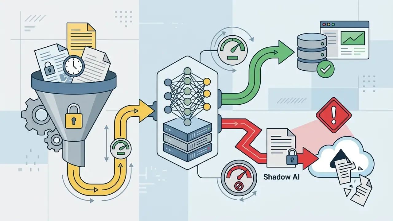 Data funnel processing documents into an AI model that splits into secure storage and Shadow AI uploads