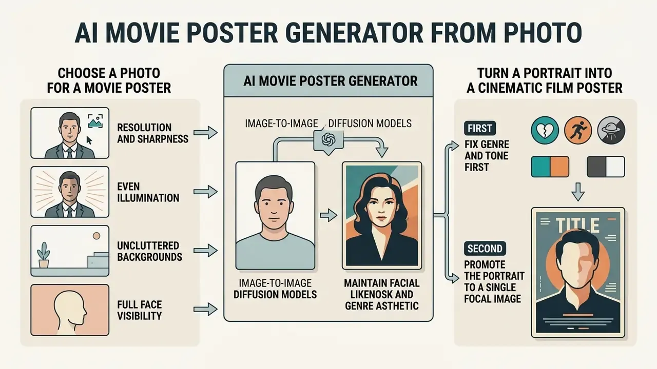 Workflow diagram showing how to select portrait photos and use AI to create cinematic movie posters