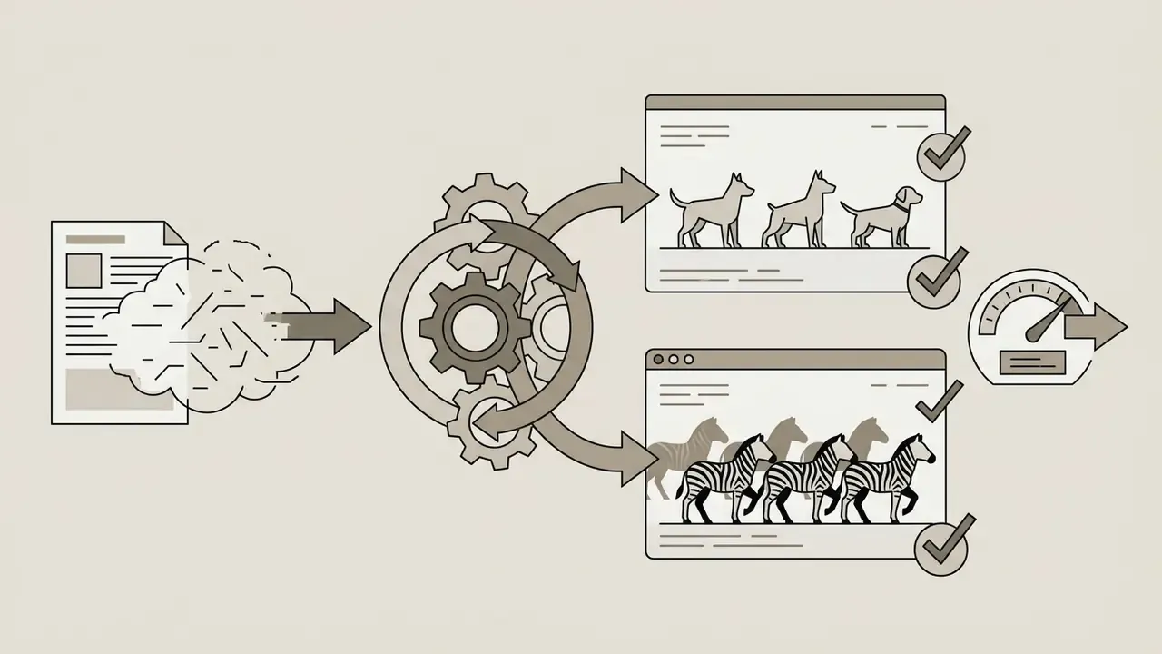 Document and brain icon processing text prompts into images of dog groups and zebra herds