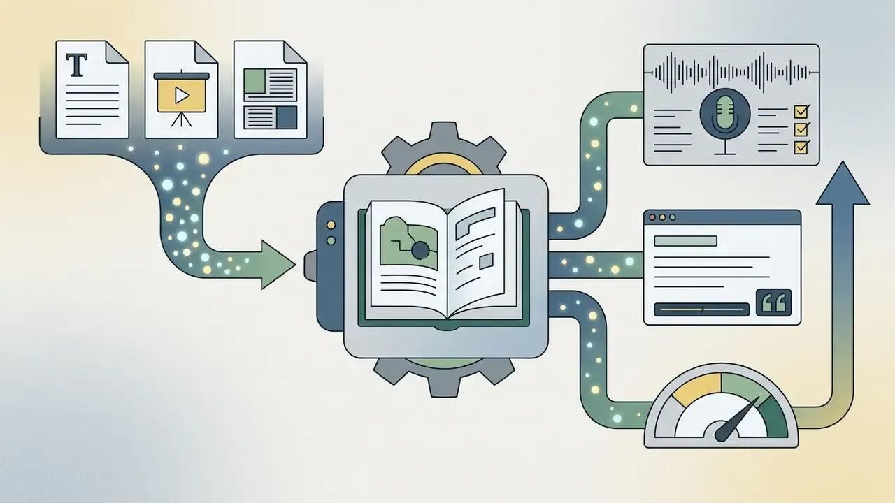 Diagram showing documents being processed into audio, video captions, and performance metrics