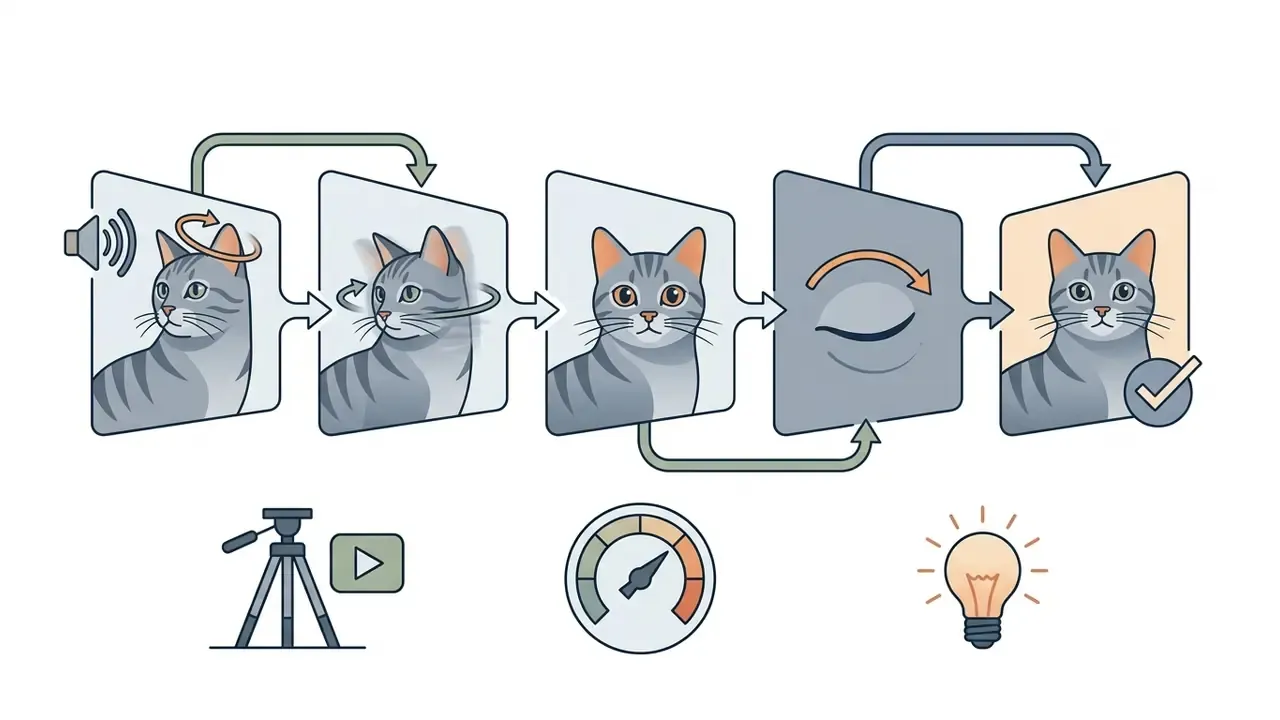 Sequence of a tabby cat turning its head and blinking with icons for a tripod, speed, and warm lighting