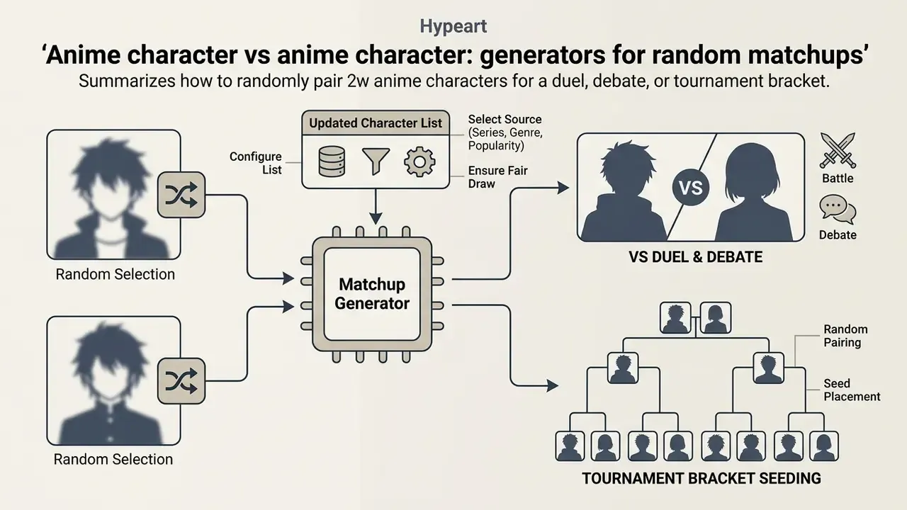 Process diagram showing a random anime character generator creating duel matchups and tournament brackets