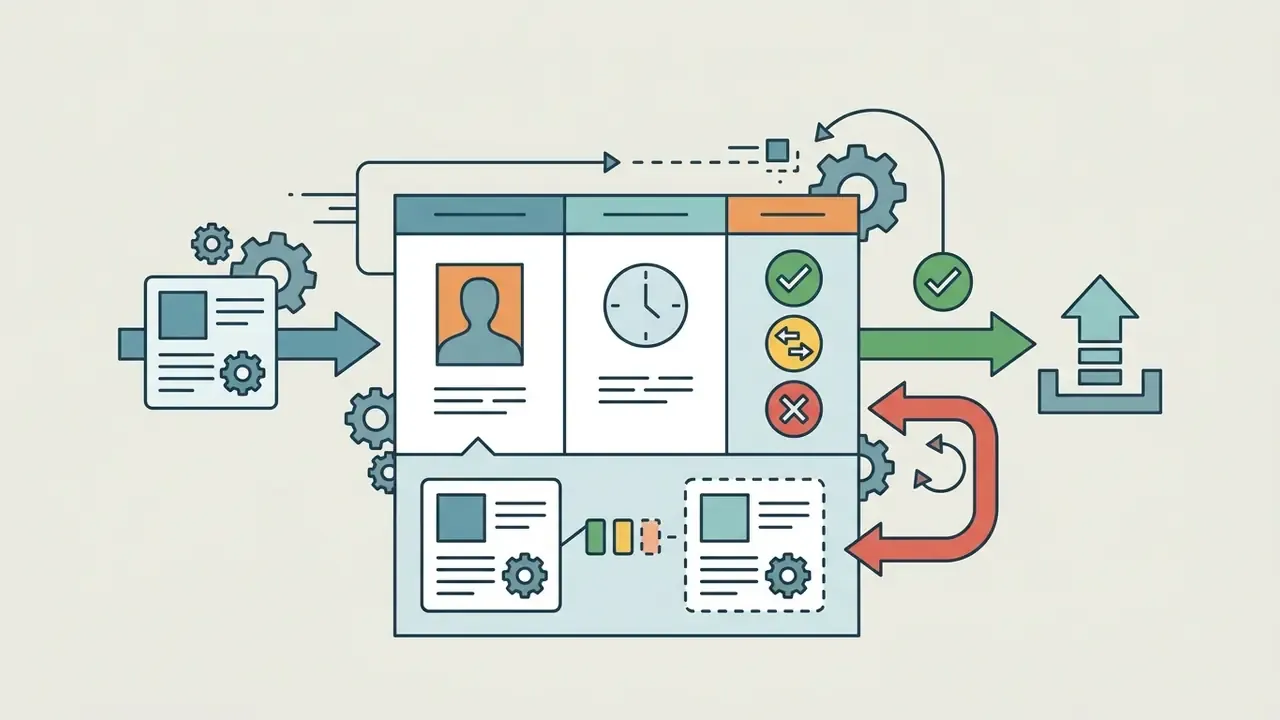 Workflow diagram showing document review steps with icons for user identity, timestamp, and edit diffs