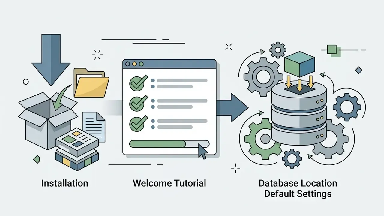 Software installation process leading to a welcome tutorial and setting the default database location