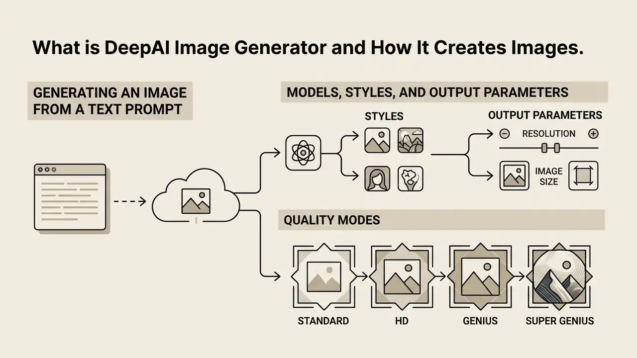 Flowchart showing text prompts being converted into images via model styles and quality modes