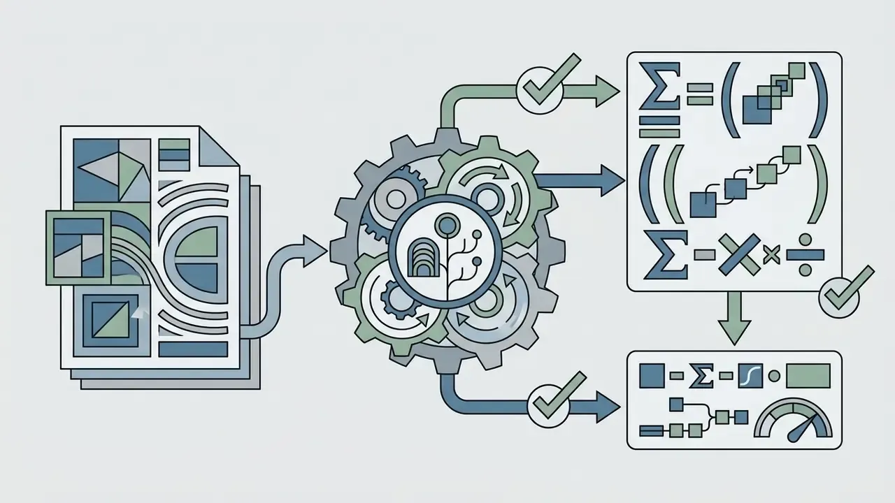 Document pages feeding into a central gear system that processes mathematical symbols and data metrics